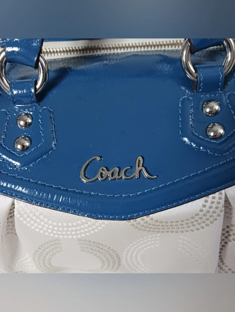 COACH ASHLEY DOTTED OP ART SATCHEL BAG F20027 Light Khaki / Cobalt Blue